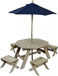 Детская садовая мебель: 4 скамьи, стол-пикник, зонт, цвет бежево-коричневый (KidKraft, 20176) - миниатюра